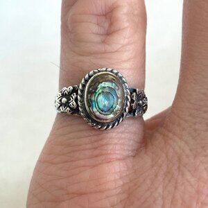 Sterling Silver 925 Bezel Set Oval Abalone Shell Floral Accent Ring Sz 3.75